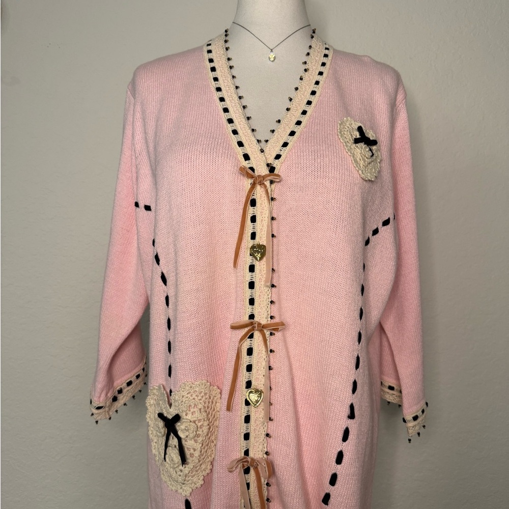 Vintage Storybook Knits Sweater with Gold Heart Lockets Beading & Crochet hearts
